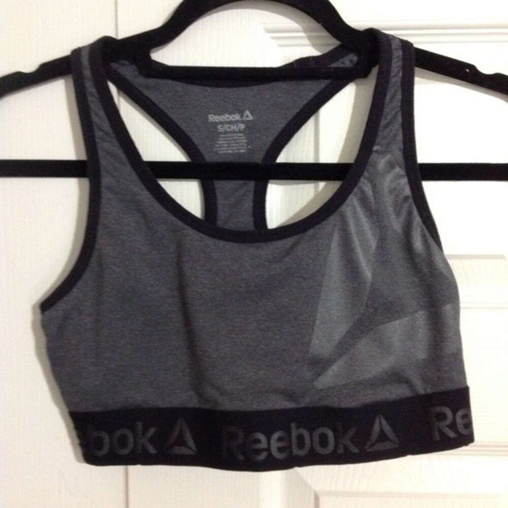 REEBOK Size Small Gray Black Sports Bra Racerback Athletic Workout Gym Stretch